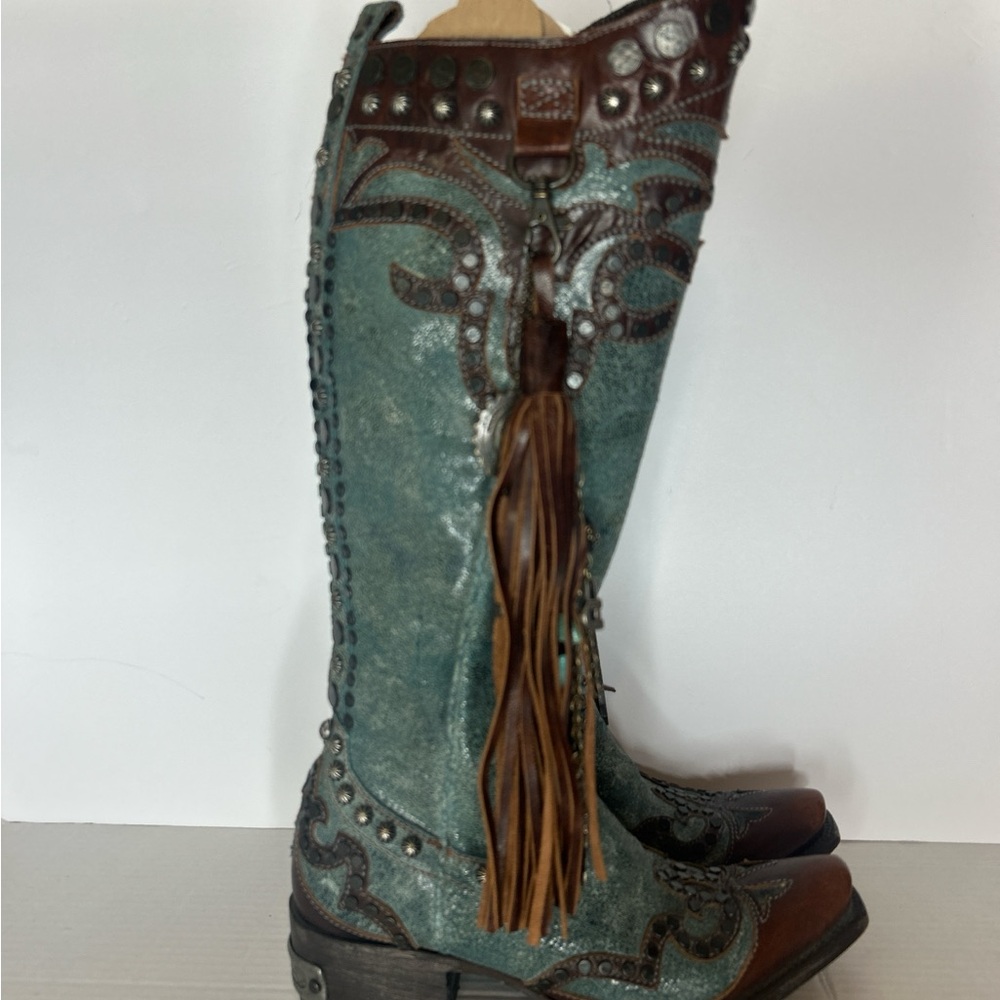 Double D Ranch Brown & Teal Studded with Fringe Attachment Boots MSRP 950 EUC
